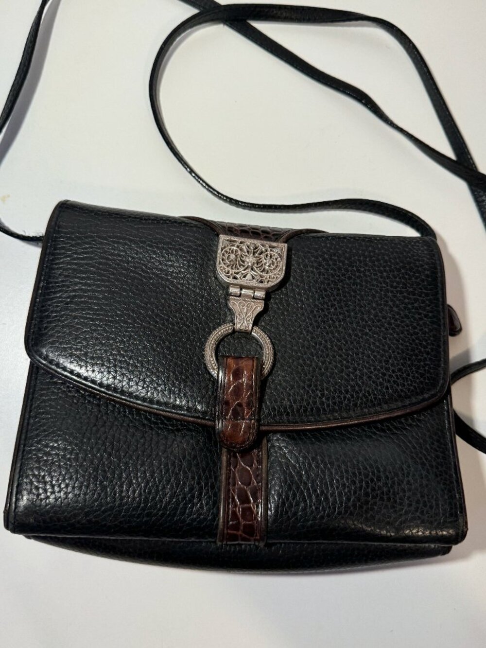 Brighton Nepal Organizer Black/Brown Leather Crossbody Purse/Wallet Bag